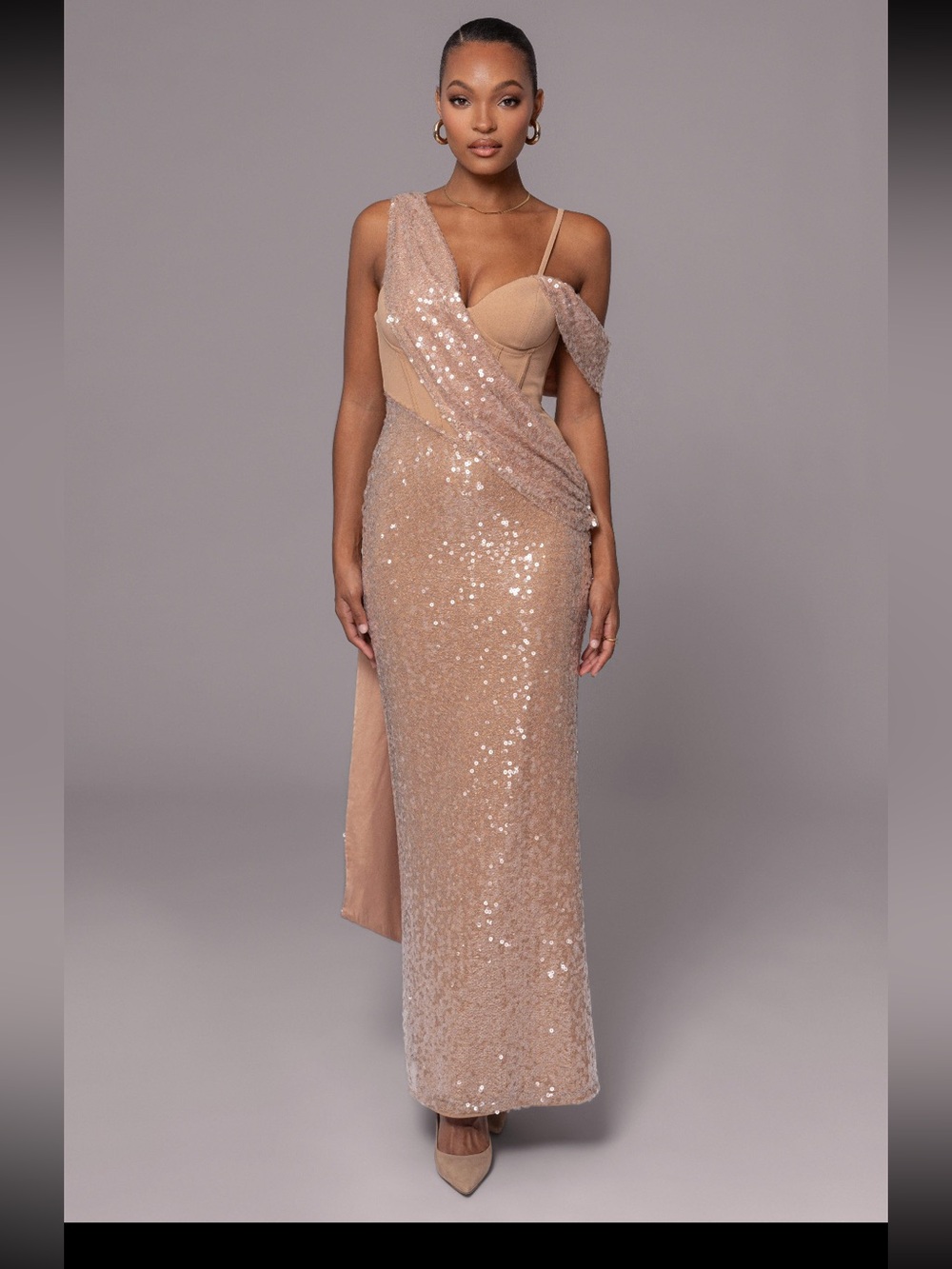 JLUXLABEL Sequin Draped Maxi Gown in Champagne Nude